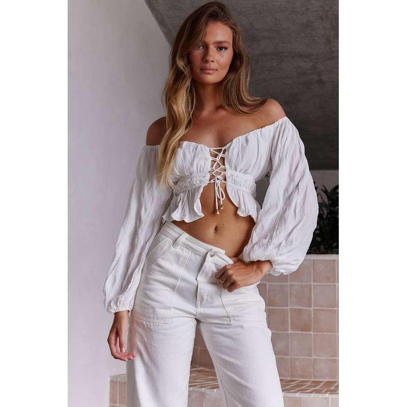 Josephina Off-Shoulder Long Sleeve Lace-Up Front Crop Top White