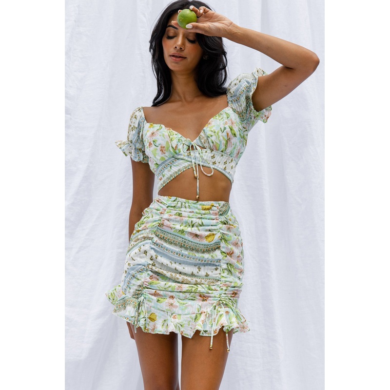 Azure Sky Tied Back Crop Top Printed Green