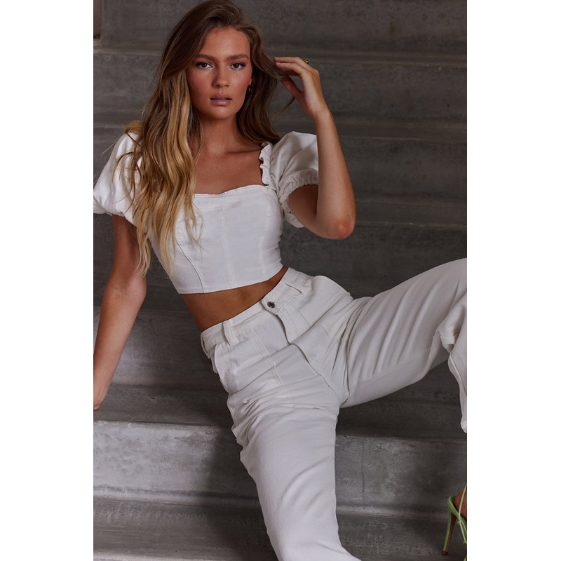 Cathlin Puff Sleeve Denim Crop Top White