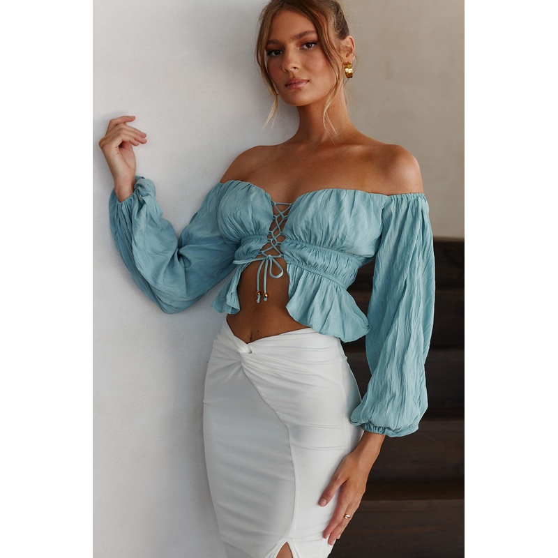 Josephina Off-Shoulder Long Sleeve Lace-Up Front Crop Top Sage