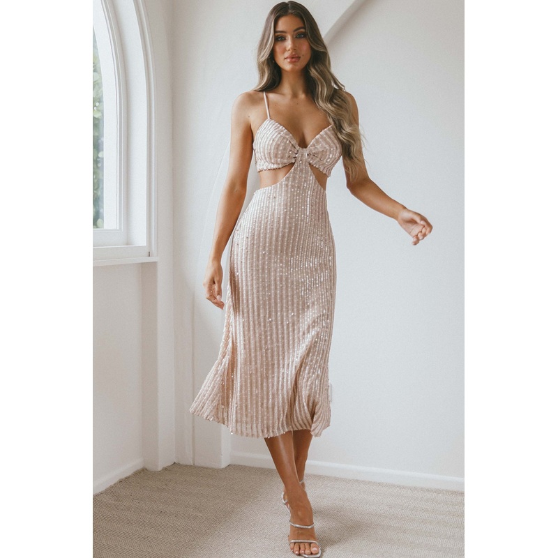 Acapulco Cami Strap Cut-Out Waist Sequin Midi Dress Rose Gold
