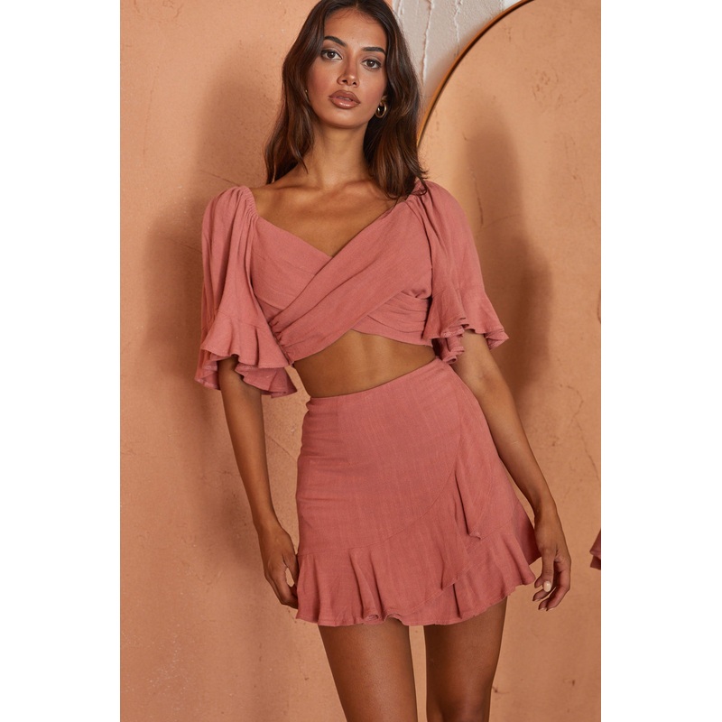 Hand In Mine Crossover Bodice Bell Sleeve Crop Top Rose