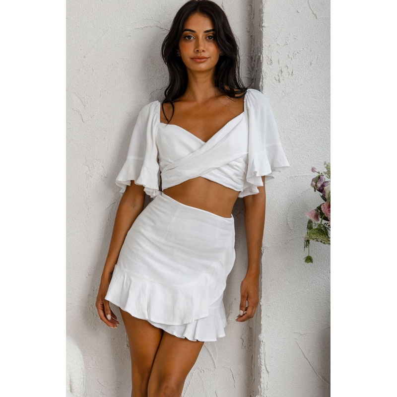 Hand In Mine Crossover Bodice Bell Sleeve Crop Top White