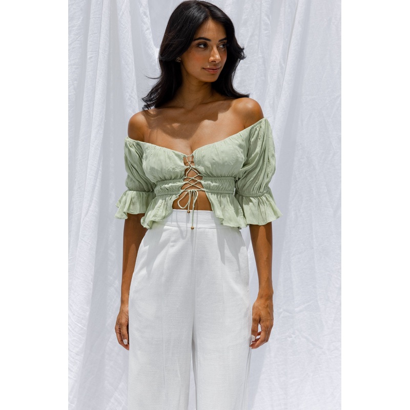 Josephina Off-Shoulder Lace-Up Front Crop Top Apple