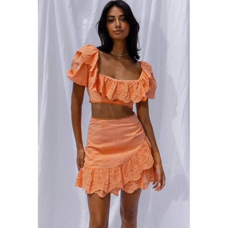 New Moon Ruffle Trim Puff Sleeve Eyelet Crop Top Orange