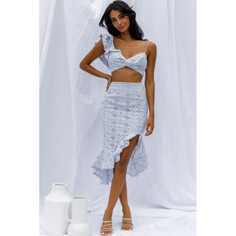 Talk About Me Asymmetrical Ruffle Hem Midi Skirt Steel Blue