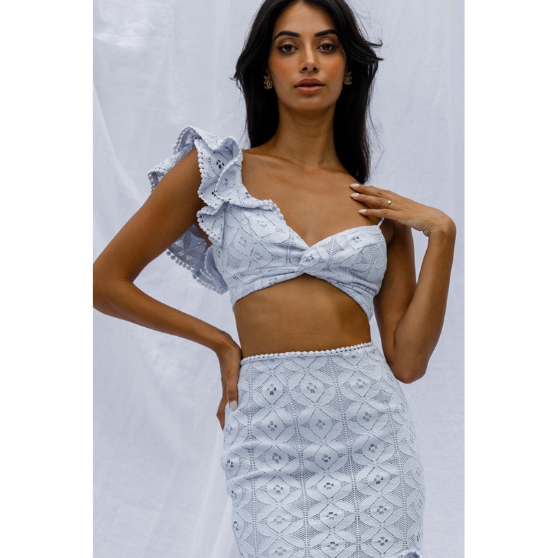 Talk About Me Ruffle Shoulder Twist Bust Crop Top Steel Blue