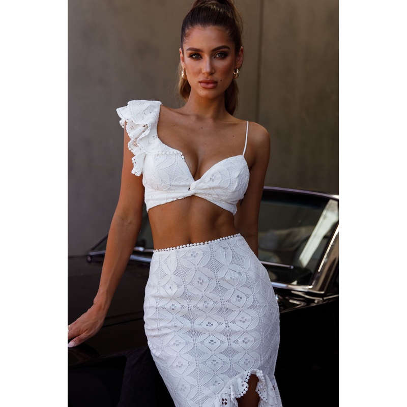 Talk About Me Ruffle Shoulder Twist Bust Crop Top White
