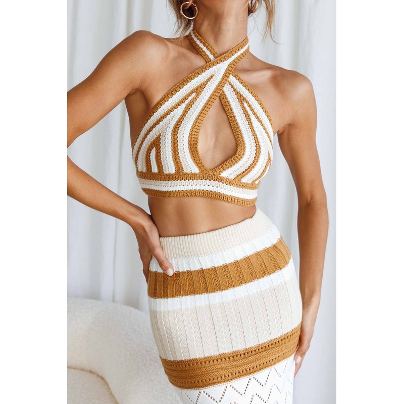 Higher Love Knit Halterneck Crop Top Striped Camel