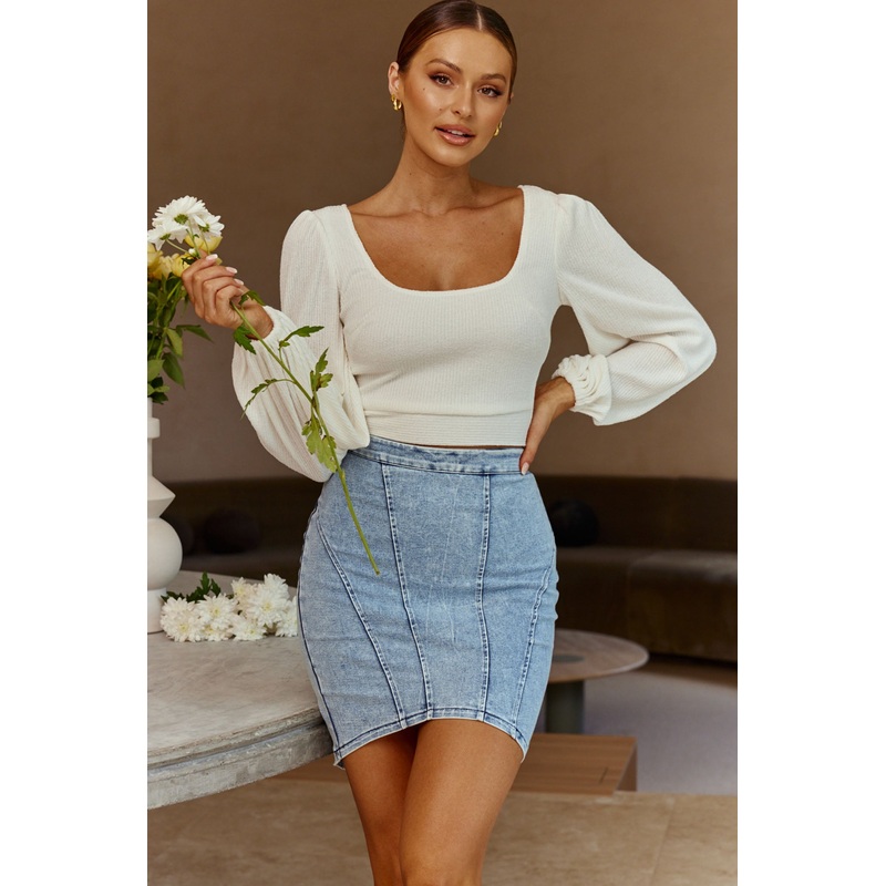 Shalom Structured Bodycon Jean Skirt Washed Blue