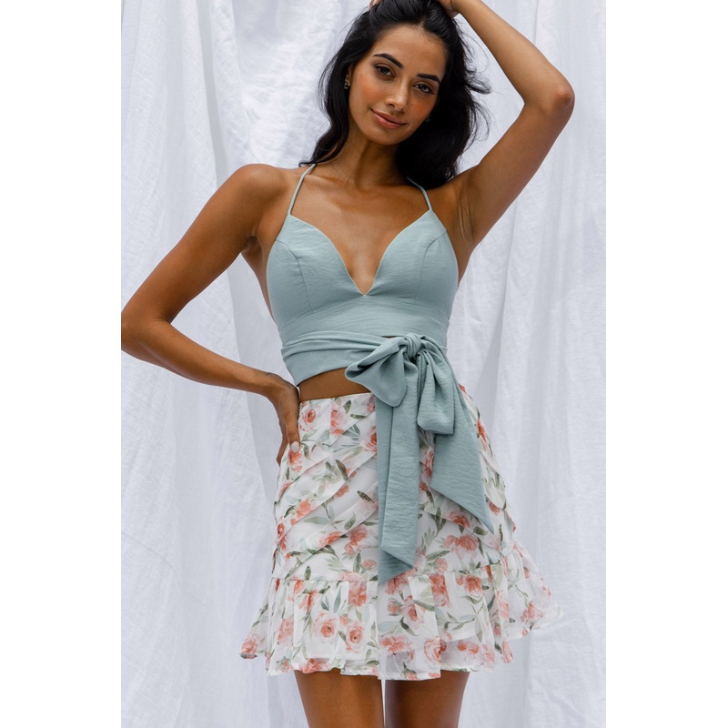 Starshine Halterneck Waist Tie Crop Top Hot Sage