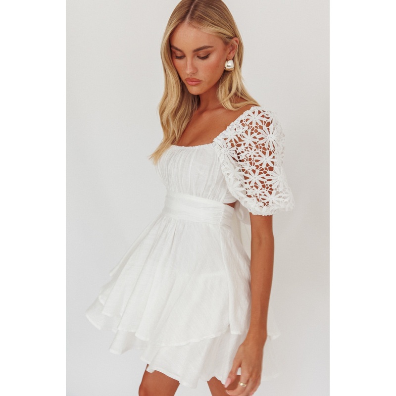 Abby Lace Puff Sleeve Tie-Up Back Dress White