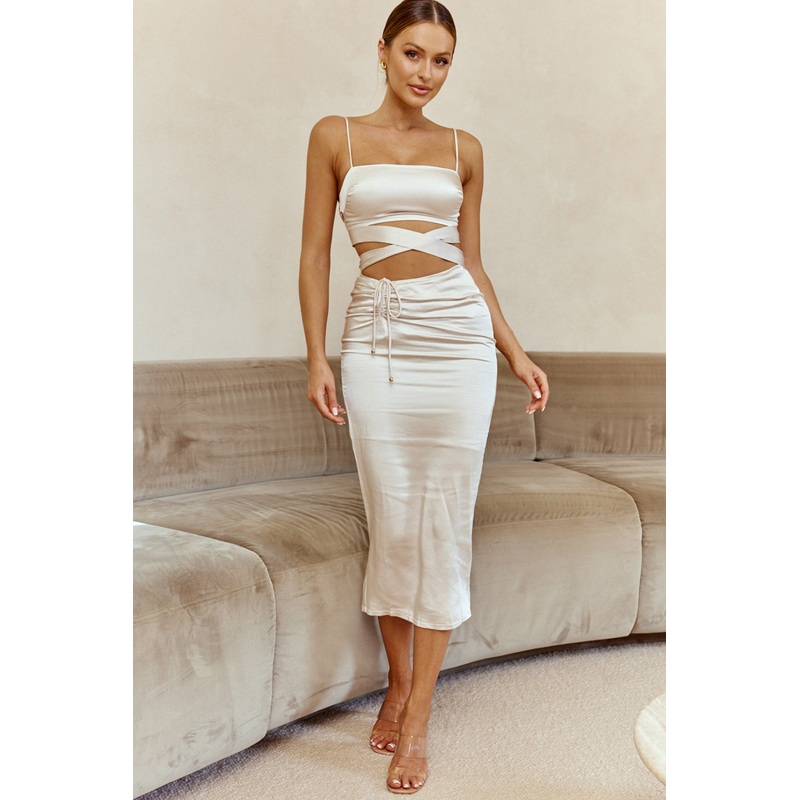 Desert Skies Ruched Drawstring Satin Midi Skirt Champagne