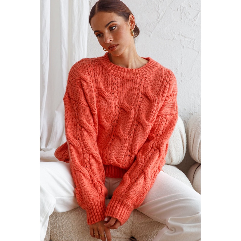 Nicola Long Sleeve Chunky Cable Knit Sweater Peach