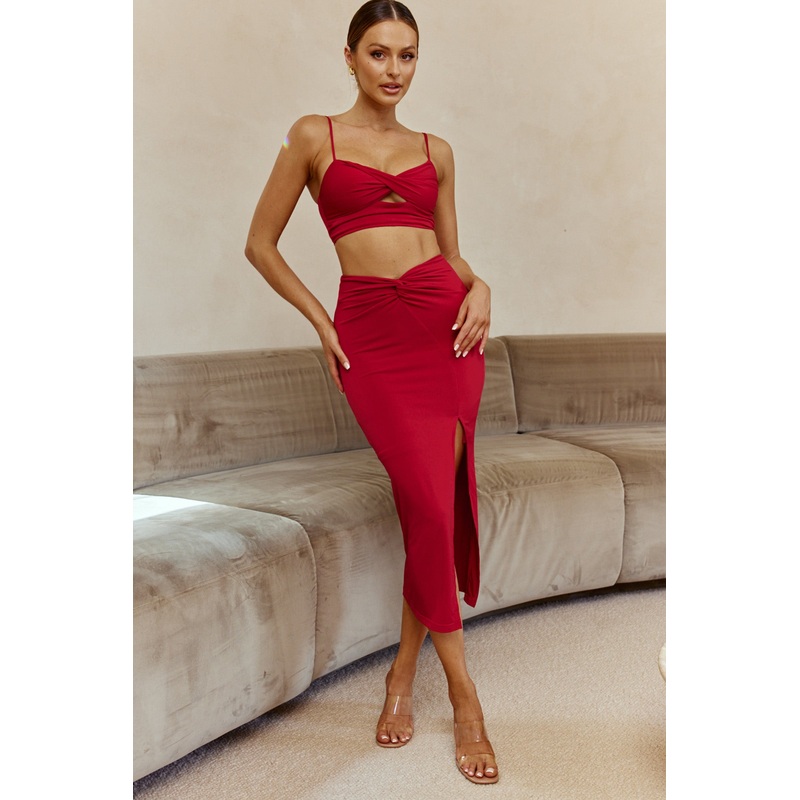 One Night Only Twist Waist Split Midi Skirt Wine