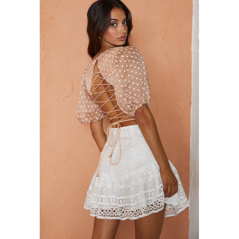 Petite Cherie Puff Sleeve Lace-Up Back Crop Top Floral Embroidered Mocha