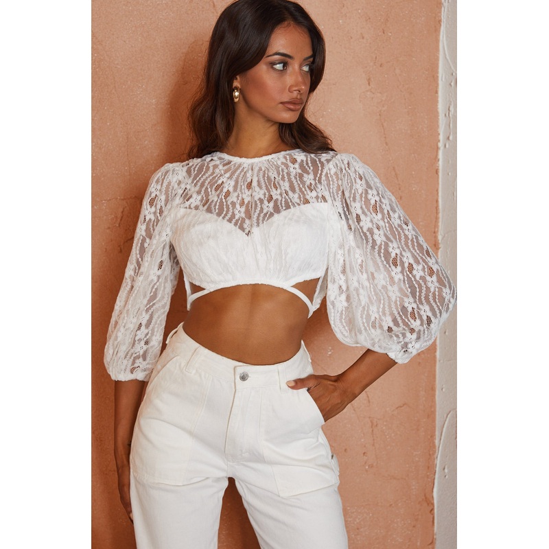 Tres Chic Balloon Sleeve Open Back Lace Crop Top White