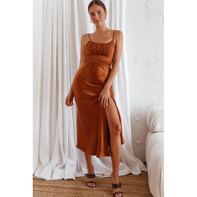 Abby Cami Strap Gathered Bust Front Split Midi Dress Chocolate