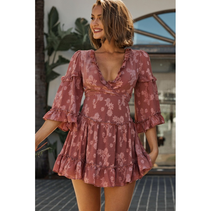 Albany Lace Up Back Frill Dress Flower Print Rose