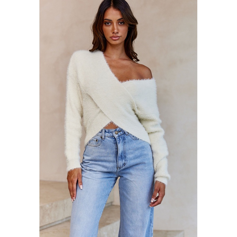 All My Love Long Sleeve Crossover Knit Sweater Off White