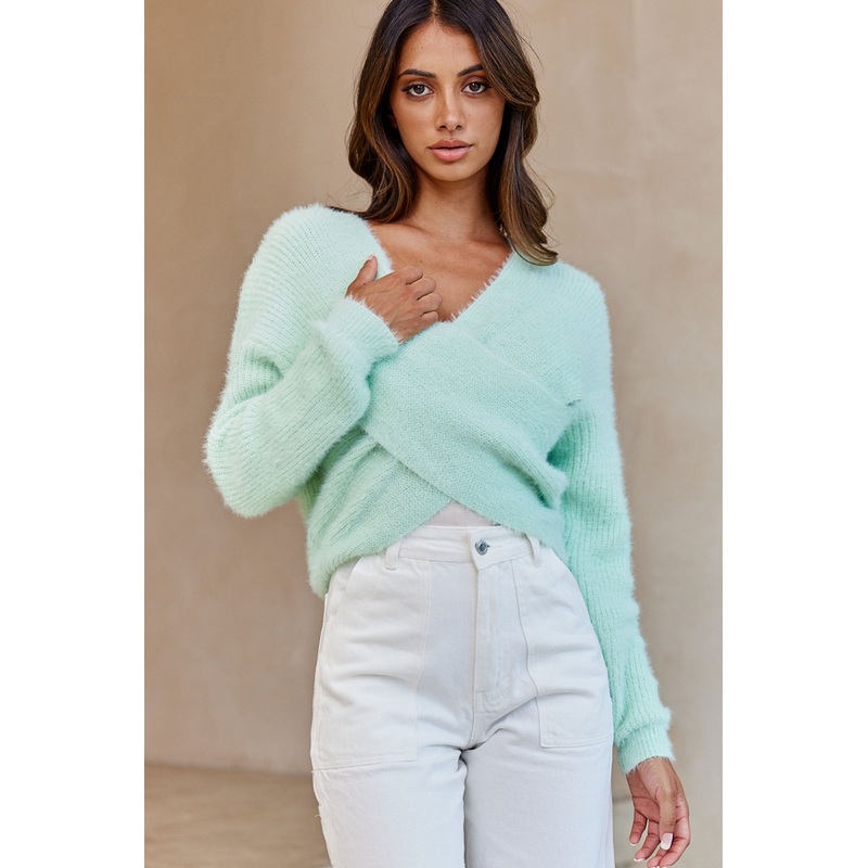 All My Love Long Sleeve Crossover Knit Sweater Soft Lime