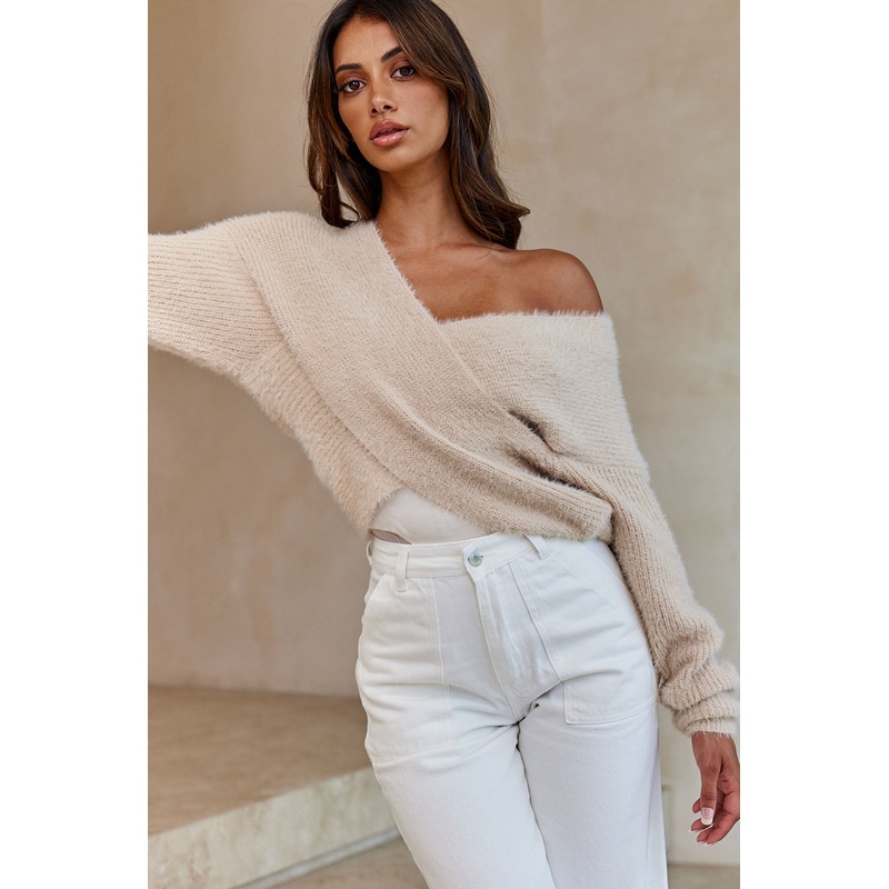All My Love Long Sleeve Crossover Knit Sweater Stone