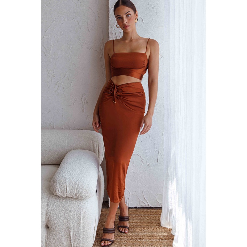 Desert Skies Ruched Drawstring Satin Midi Skirt Chocolate