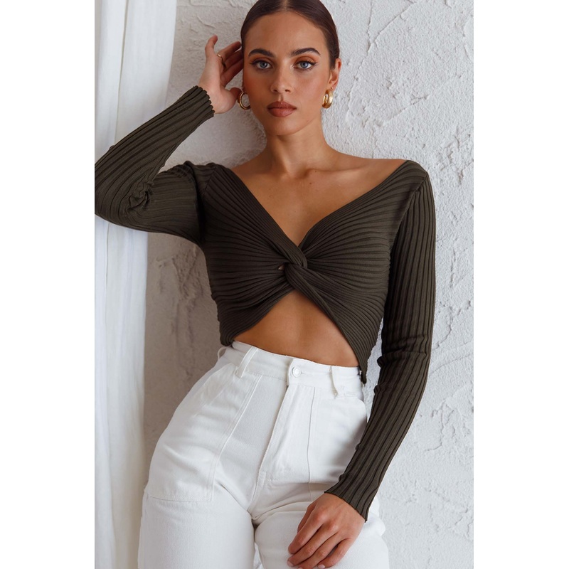 Dream Weaver Long Sleeve Twist Bust Crop Top Forest Green