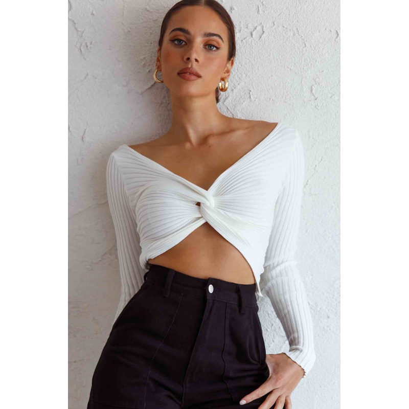 Dream Weaver Long Sleeve Twist Bust Crop Top White