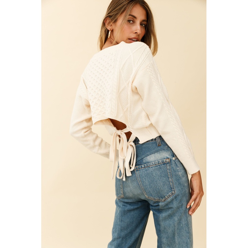 Dulce de Leche Long Sleeve Tie-Back Knit Sweater Beige