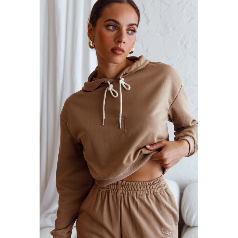 Glow Getter Drawstring Hood Embroidery Logo Hoodie Beige