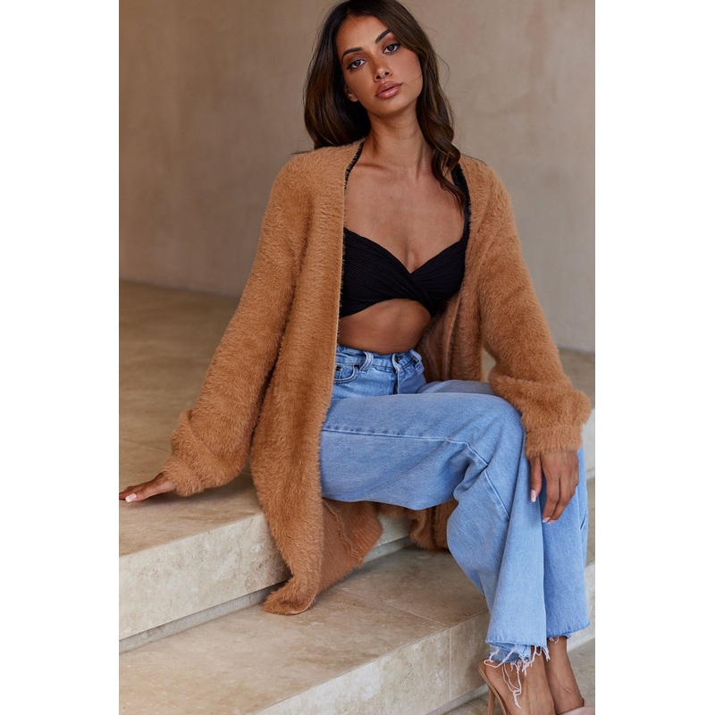 Hold The Phone Long Sleeve Fuzzy Duster Cardigan Tan