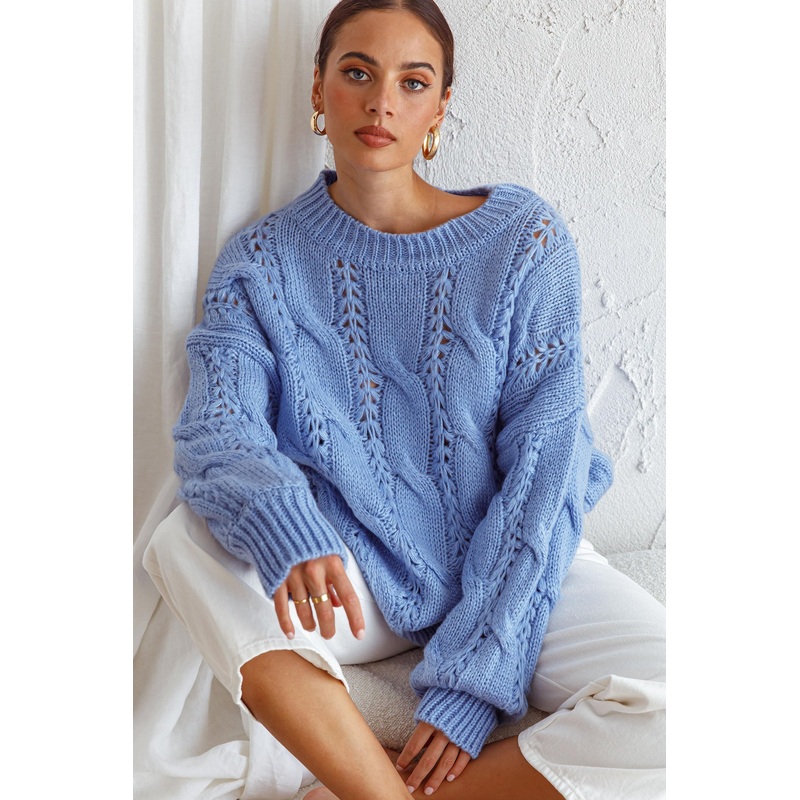 Nicola Long Sleeve Chunky Cable Knit Sweater Blue