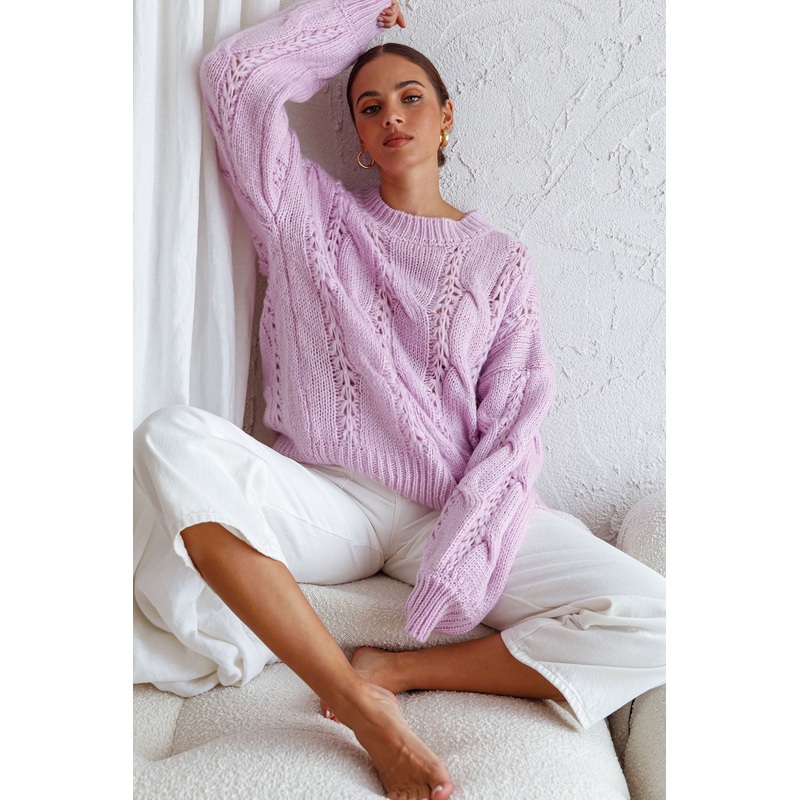 Nicola Long Sleeve Chunky Cable Knit Sweater Lilac