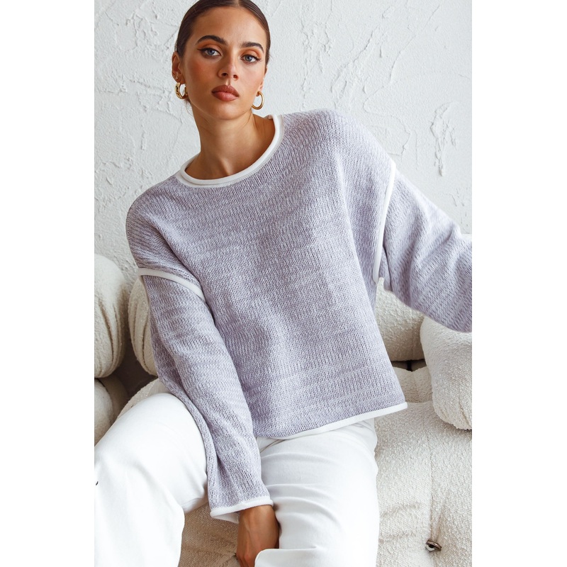 Sitting Pretty Drop Sleeve White Trim Knit Sweater Blue