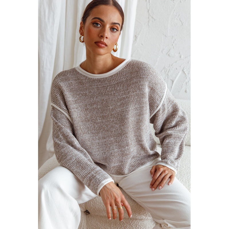 Sitting Pretty Drop Sleeve White Trim Knit Sweater Grey