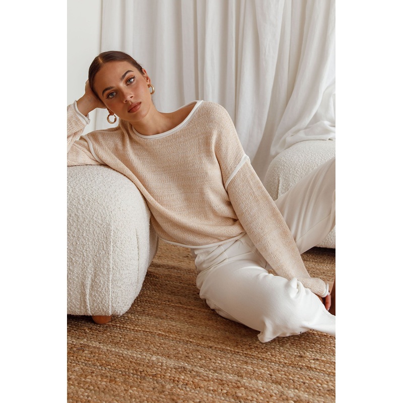 Sitting Pretty Drop Sleeve White Trim Knit Sweater Stone