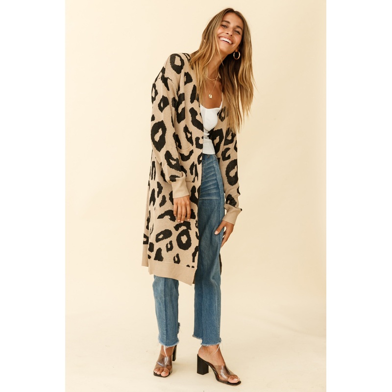 Switch It Up Longline Pocket Knit Cardigan Animal Print Beige