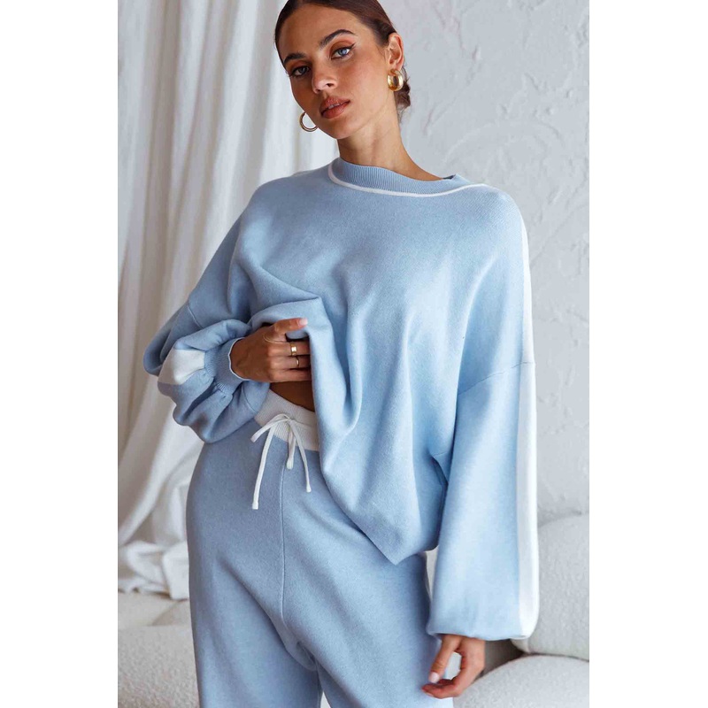 Take Me Back Balloon Sleeve Drop Shoulder Brushed Knit Sweater Blue