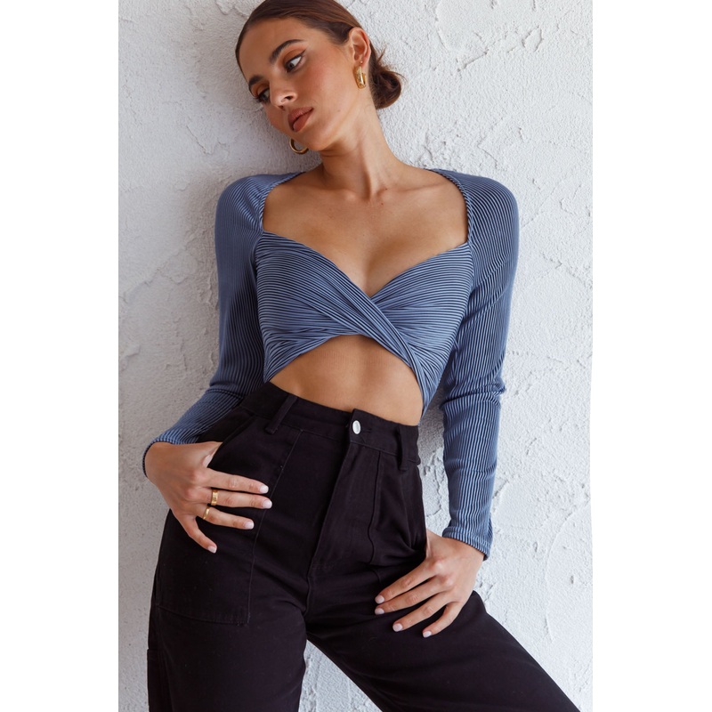 Villa Laguna Twist Bust Long Sleeve Crop Top Blue