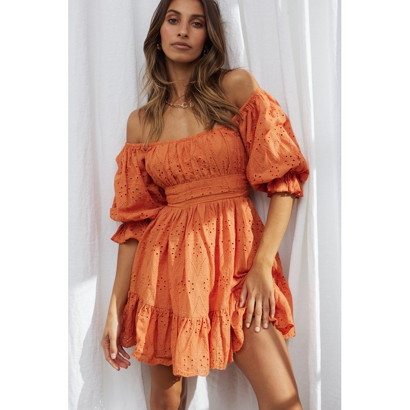 Abby Off-Shoulder Tie-Up Back Dress Eyelet Embroidery Dress Orange