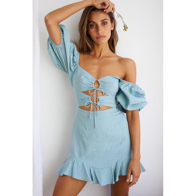 Alma Drawstring Circle Bust Puff Sleeve Mini Dress Sage