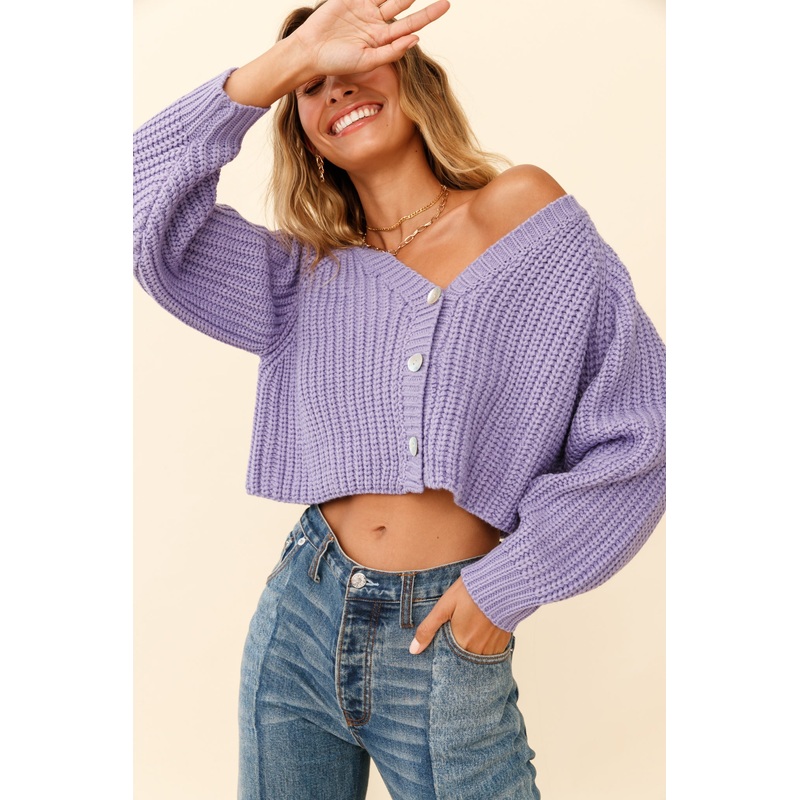 Apres Vous Button Front Drop Shoulder Crop Cardigan Lavender