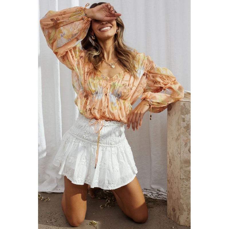 Beau Balloon Sleeve Drawstring Top Floral Print Apricot/Green