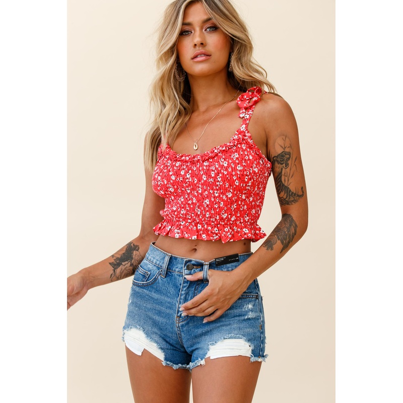 Daisy Chain Tied Shoulder Shirred Crop Top Floral Print Red