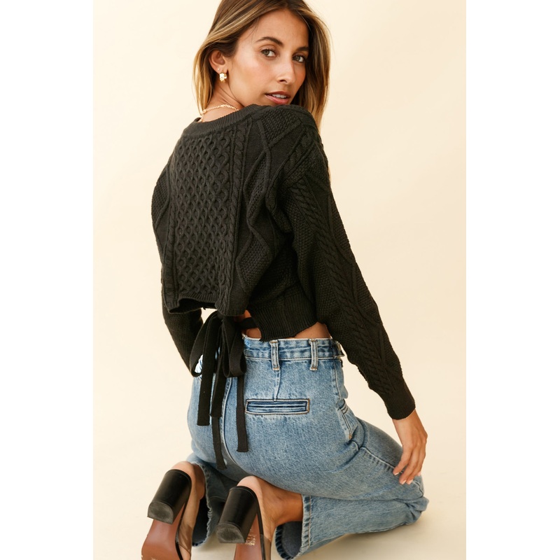 Dulce de Leche Long Sleeve Tie-Back Knit Sweater Black