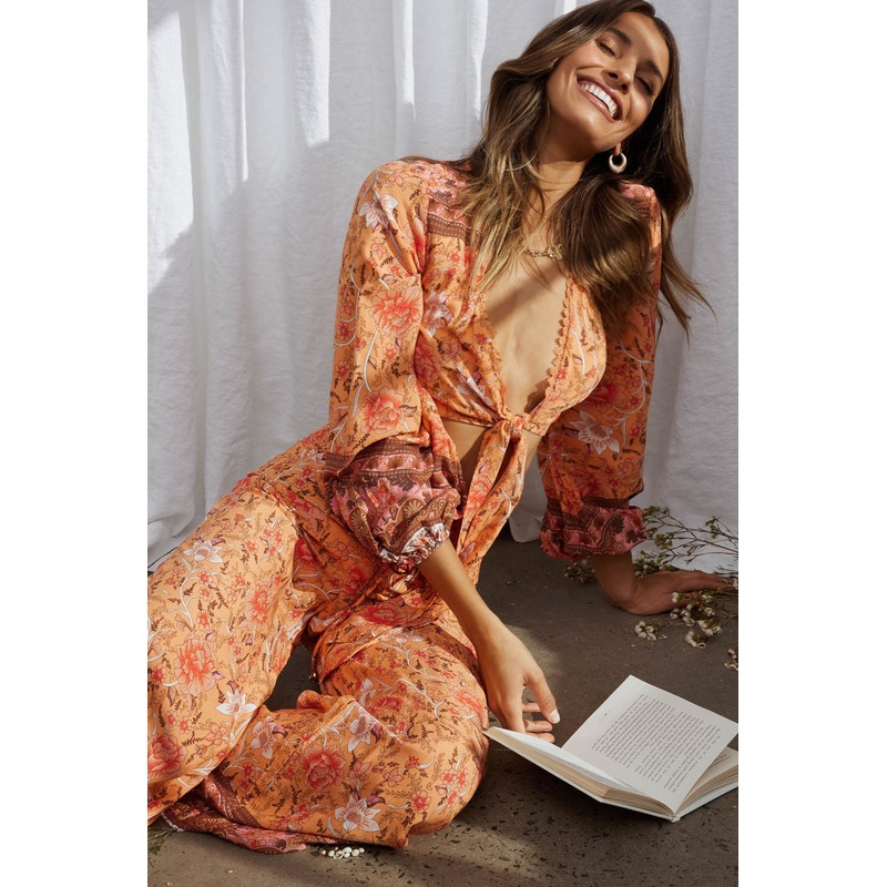 Novo Long Sleeve Tied Front Crop Top Bohemian Print Orange