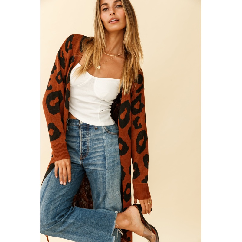 Switch It Up Longline Pocket Knit Cardigan Animal Print Brown