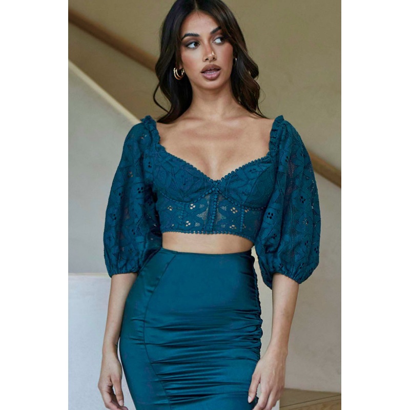 Talk About Me Puff Half Sleeve Circle Trim Crop Top Forest Green