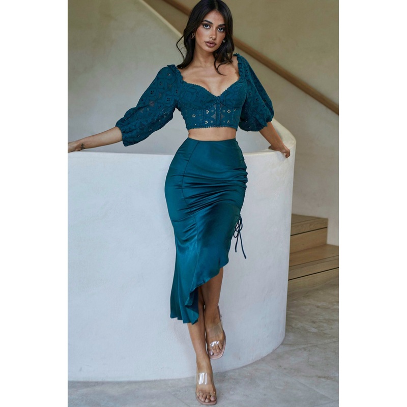 Twinkling Nights Asymmetrical Hem Ruched Side Satin Midi Skirt Jade Green